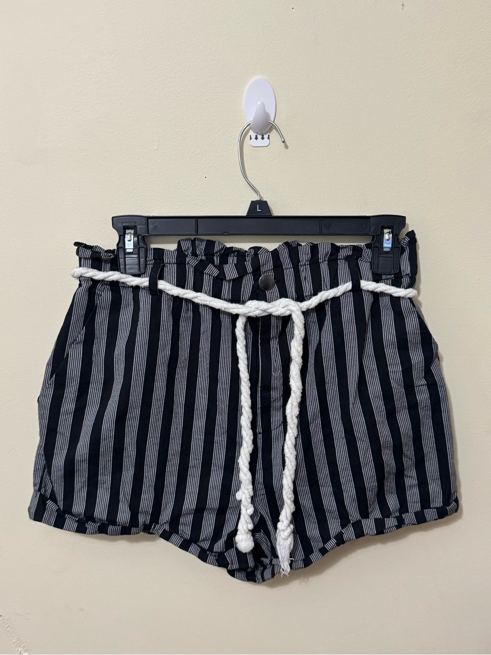 Forever 21 Black and White High-Waist Striped Paperbag Shorts with Rope Belt